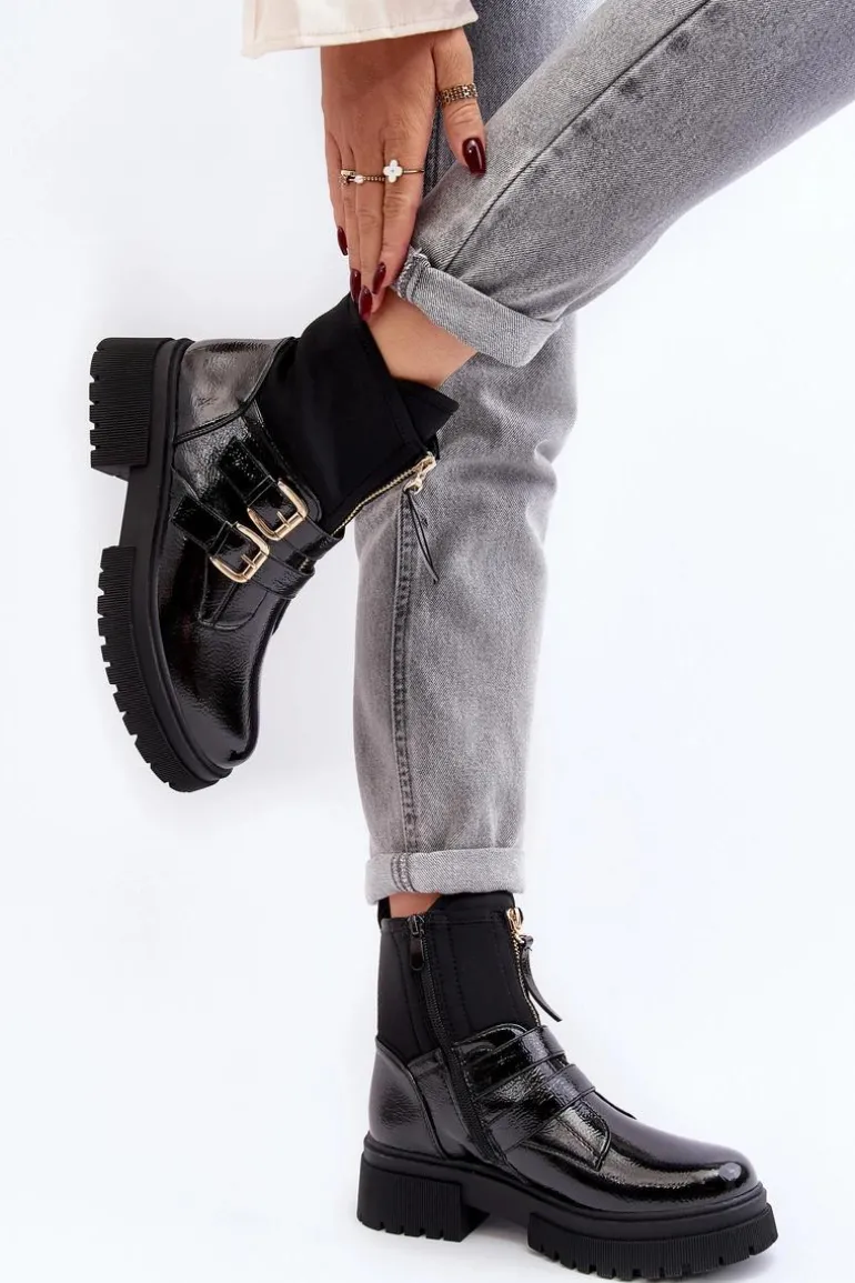 Lakierowane Botki Damskie Na Płaskim Obcasie Czarne Rellisa