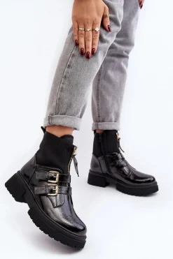 Lakierowane Botki Damskie Na Płaskim Obcasie Czarne Rellisa