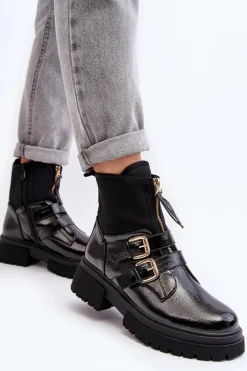 Lakierowane Botki Damskie Na Płaskim Obcasie Czarne Rellisa