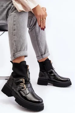 Lakierowane Botki Damskie Na Płaskim Obcasie Czarne Rellisa