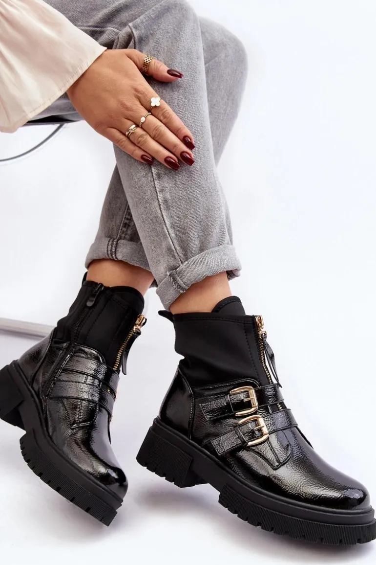 Lakierowane Botki Damskie Na Płaskim Obcasie Czarne Rellisa