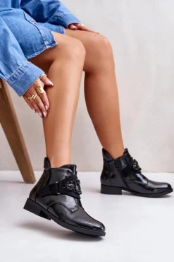 Lakierowane Botki Damskie Z Ozdobą Ocieplane S.Barski HY42-021 Czarne