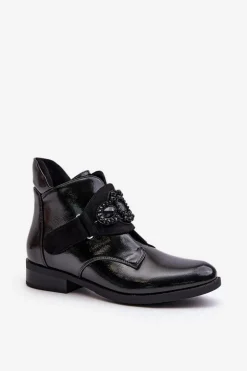 Lakierowane Botki Damskie Z Ozdobą Ocieplane S.Barski HY42-021 Czarne