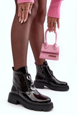 Lakierowane Botki Damskie Z Ozdobą Czarne S.Barski MR870-53