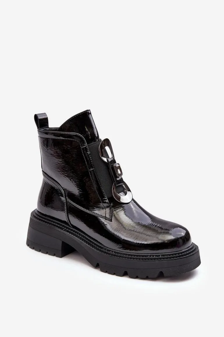 Lakierowane Botki Damskie Z Ozdobą Czarne S.Barski MR870-53