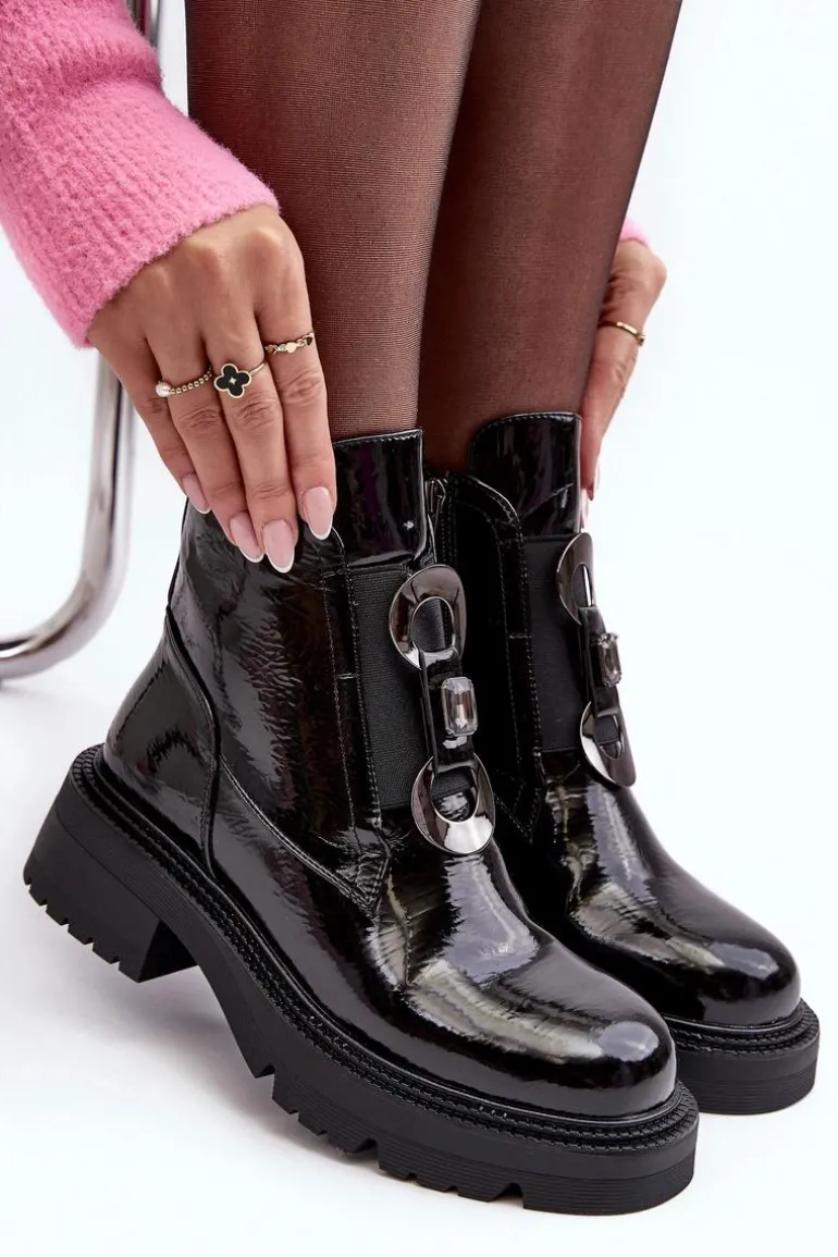 Lakierowane Botki Damskie Z Ozdobą Czarne S.Barski MR870-53