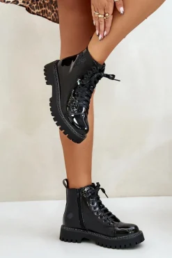 Lakierowane Botki Damskie Na Zamek Z Ozdobnym Sercem Czarne Obeena