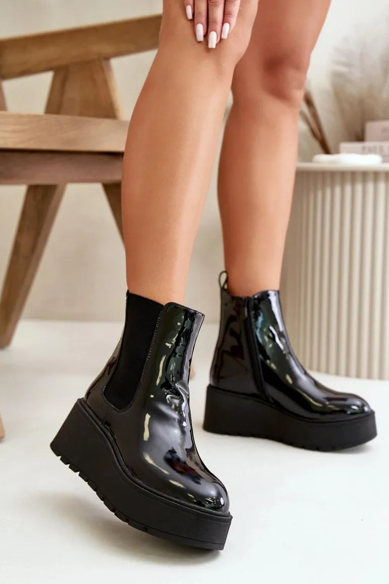 Lakierowane Botki Damskie Na Platformie I Koturnie Ocieplane Czarne Wloedia