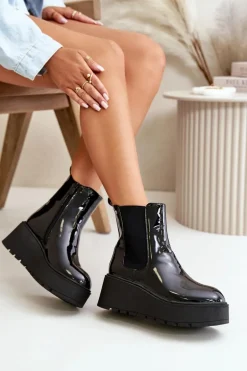 Lakierowane Botki Damskie Na Platformie I Koturnie Ocieplane Czarne Wloedia