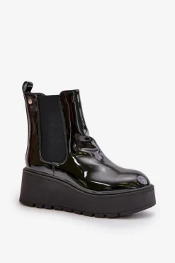 Lakierowane Botki Damskie Na Platformie I Koturnie Ocieplane Czarne Wloedia