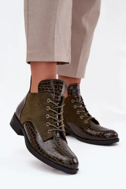 Lakierowane Botki Damskie Z Ozdobnym Tłoczeniem Ocieplane Vinceza 16477 Ciemnozielone