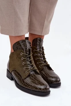 Lakierowane Botki Damskie Z Ozdobnym Tłoczeniem Ocieplane Vinceza 16477 Ciemnozielone