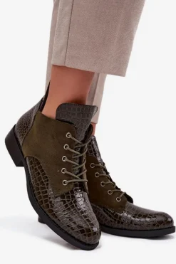Lakierowane Botki Damskie Z Ozdobnym Tłoczeniem Ocieplane Vinceza 16477 Ciemnozielone