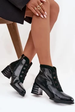 Lakierowane Botki Damskie Z Naturalnej Skóry Na Słupku D&ACR52-696 Ciemnozielone