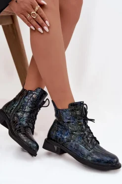 Lakierowane Botki Damskie Z Naturalnej Skóry D&A LZ52-962 Granatowe