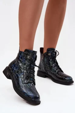 Lakierowane Botki Damskie Z Naturalnej Skóry D&A LZ52-962 Granatowe