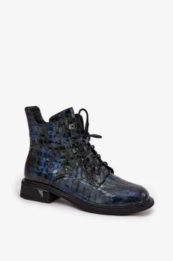 Lakierowane Botki Damskie Z Naturalnej Skóry D&A LZ52-962 Granatowe