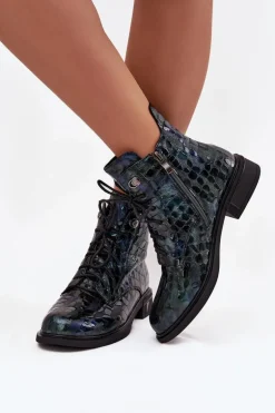 Lakierowane Botki Damskie Z Naturalnej Skóry D&A LZ52-962 Granatowe