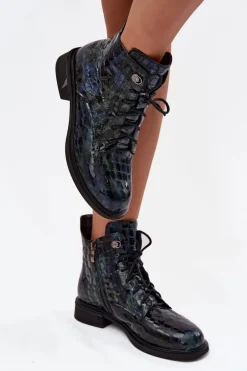 Lakierowane Botki Damskie Z Naturalnej Skóry D&A LZ52-962 Granatowe