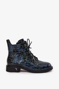 Lakierowane Botki Damskie Z Naturalnej Skóry D&A LZ52-962 Granatowe