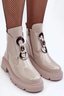 Lakierowane Botki Damskie Z Ozdobą Jasnoszare S.Barski MR870-53