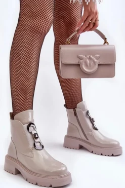 Lakierowane Botki Damskie Z Ozdobą Jasnoszare S.Barski MR870-53