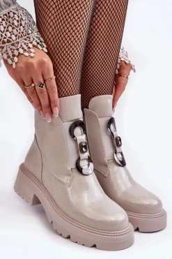 Lakierowane Botki Damskie Z Ozdobą Jasnoszare S.Barski MR870-53