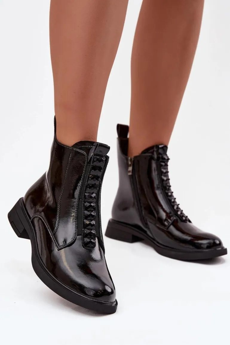 Lakierowane Botki Damskie Z Naturalnej Skóry D&A MR52-108 Czarne