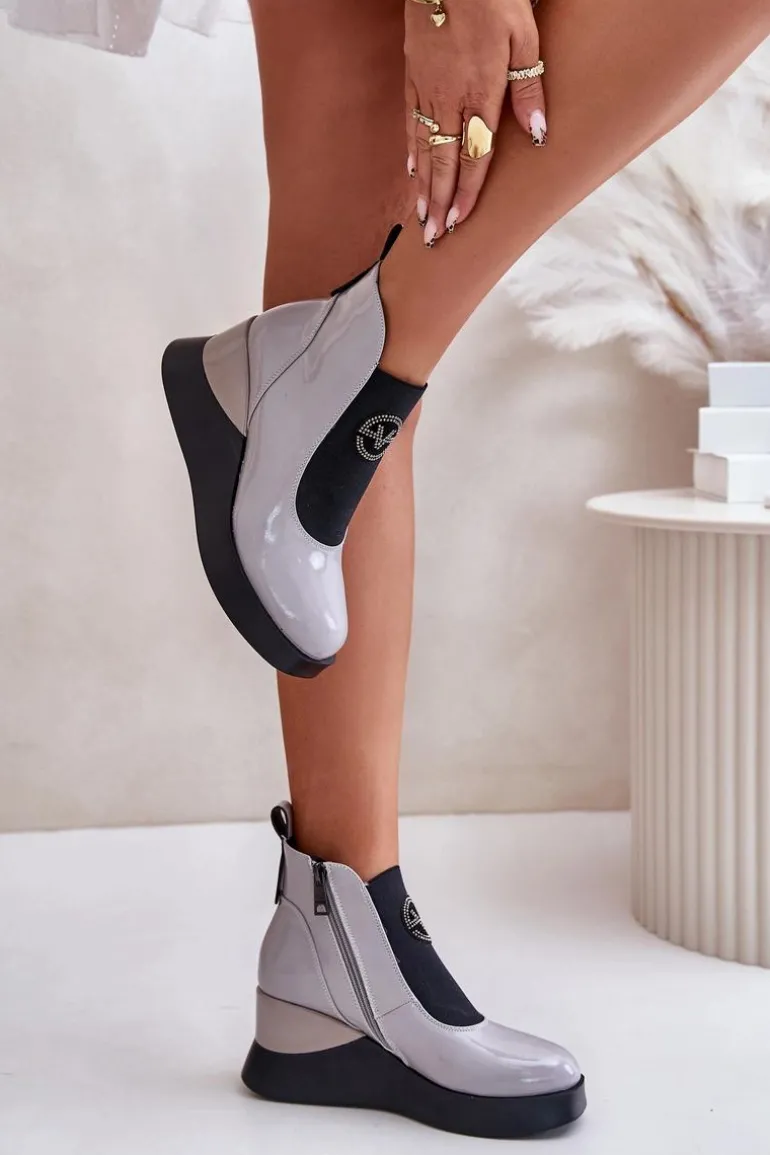 Lakierowane Botki Na Koturnie Ocieplane Vinceza 66703 Szare