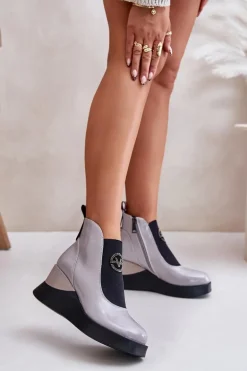 Lakierowane Botki Na Koturnie Ocieplane Vinceza 66703 Szare