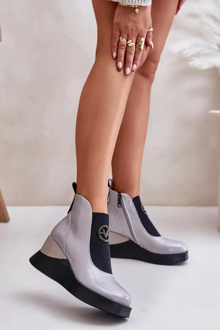 Lakierowane Botki Na Koturnie Ocieplane Vinceza 66703 Szare