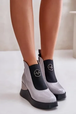 Lakierowane Botki Na Koturnie Ocieplane Vinceza 66703 Szare