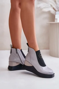 Lakierowane Botki Na Koturnie Ocieplane Vinceza 66703 Szare