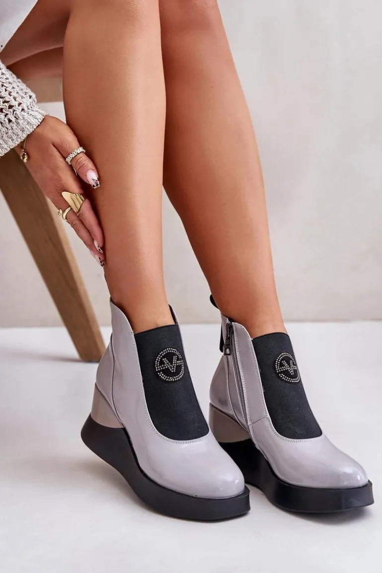 Lakierowane Botki Na Koturnie Ocieplane Vinceza 66703 Szare