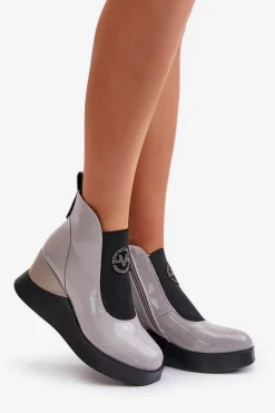 Lakierowane Botki Na Koturnie Ocieplane Vinceza 66703 Szare