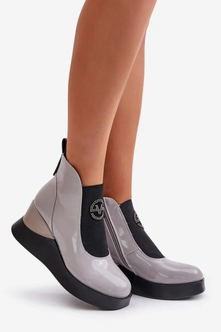 Lakierowane Botki Na Koturnie Ocieplane Vinceza 66703 Szare