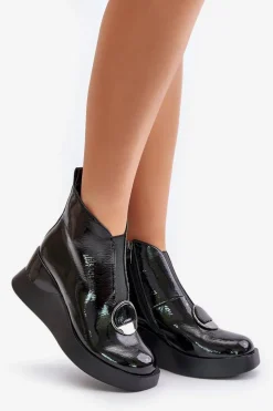 Lakierowane Botki Na Koturnie Ocieplane D&A MR880-136 Czarne