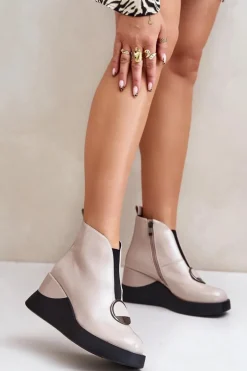 Lakierowane Botki Na Koturnie Ocieplane D&A MR880-136 Beżowe