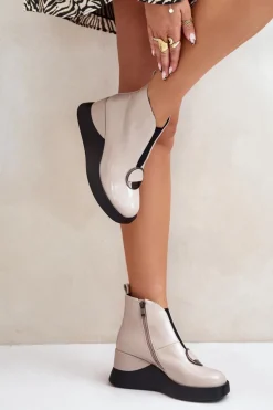 Lakierowane Botki Na Koturnie Ocieplane D&A MR880-136 Beżowe