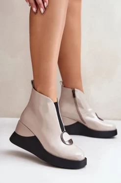 Lakierowane Botki Na Koturnie Ocieplane D&A MR880-136 Beżowe