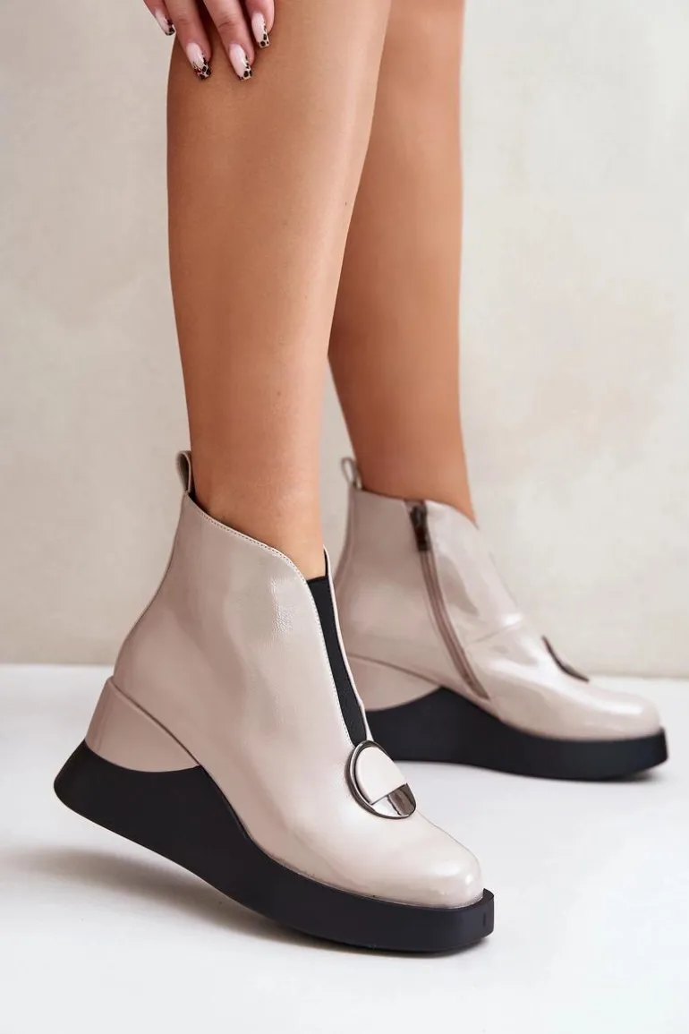 Lakierowane Botki Na Koturnie Ocieplane D&A MR880-136 Beżowe