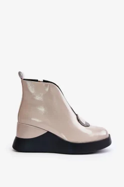 Lakierowane Botki Na Koturnie Ocieplane D&A MR880-136 Beżowe