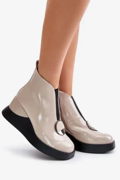 Lakierowane Botki Na Koturnie Ocieplane D&A MR880-136 Beżowe