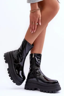 Lakierowane Botki Na Masywnej Platformie Czarne Kylira