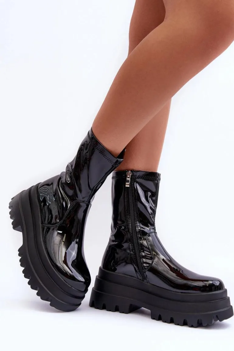 Lakierowane Botki Na Masywnej Platformie Czarne Mibrac