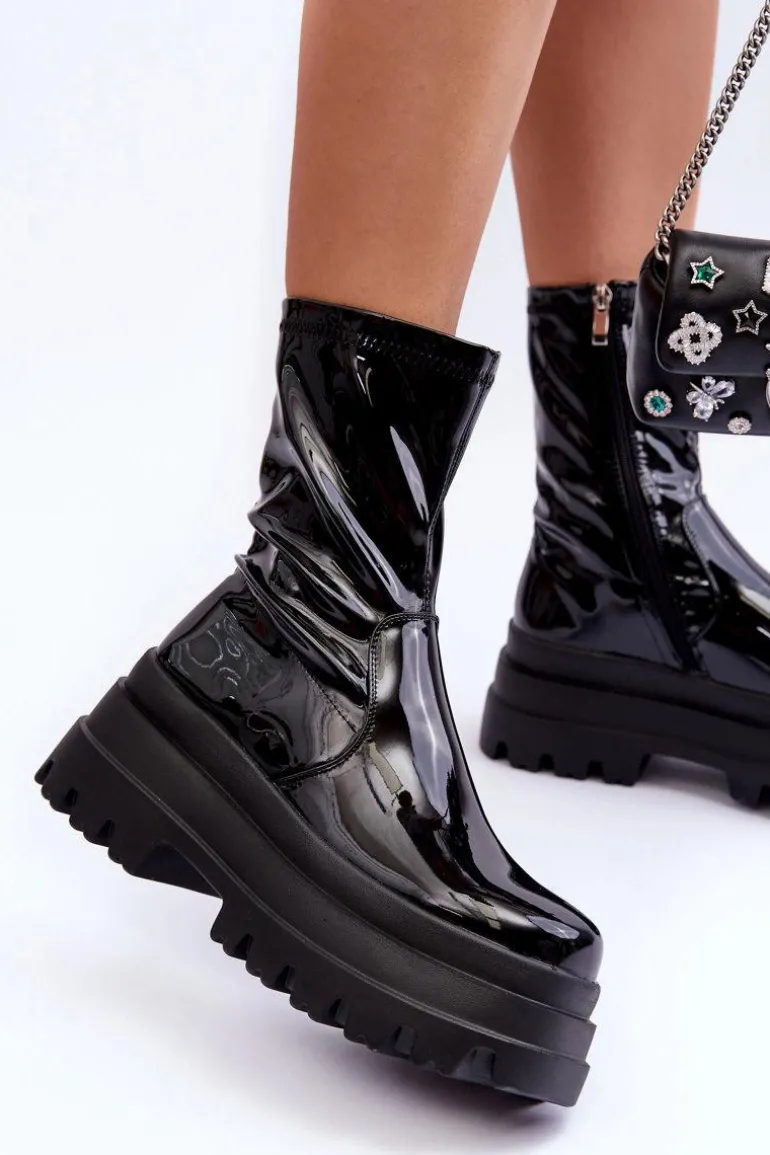 Lakierowane Botki Na Masywnej Platformie Czarne Mibrac