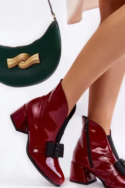 Lakierowane Botki Na Obcasie Z Ozdobną Kokardą Bordowe Hallie