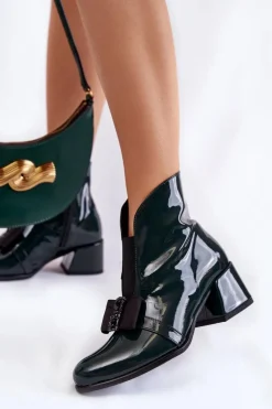 Lakierowane Botki Na Obcasie Z Ozdobną Kokardą Zielone Hallie