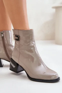 Lakierowane Botki Na Obcasie Ocieplane MR880-093 Szare