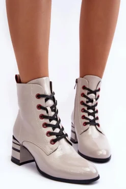 Lakierowane Botki Na Obcasie S.Barski MR870-49 Jasnoszare